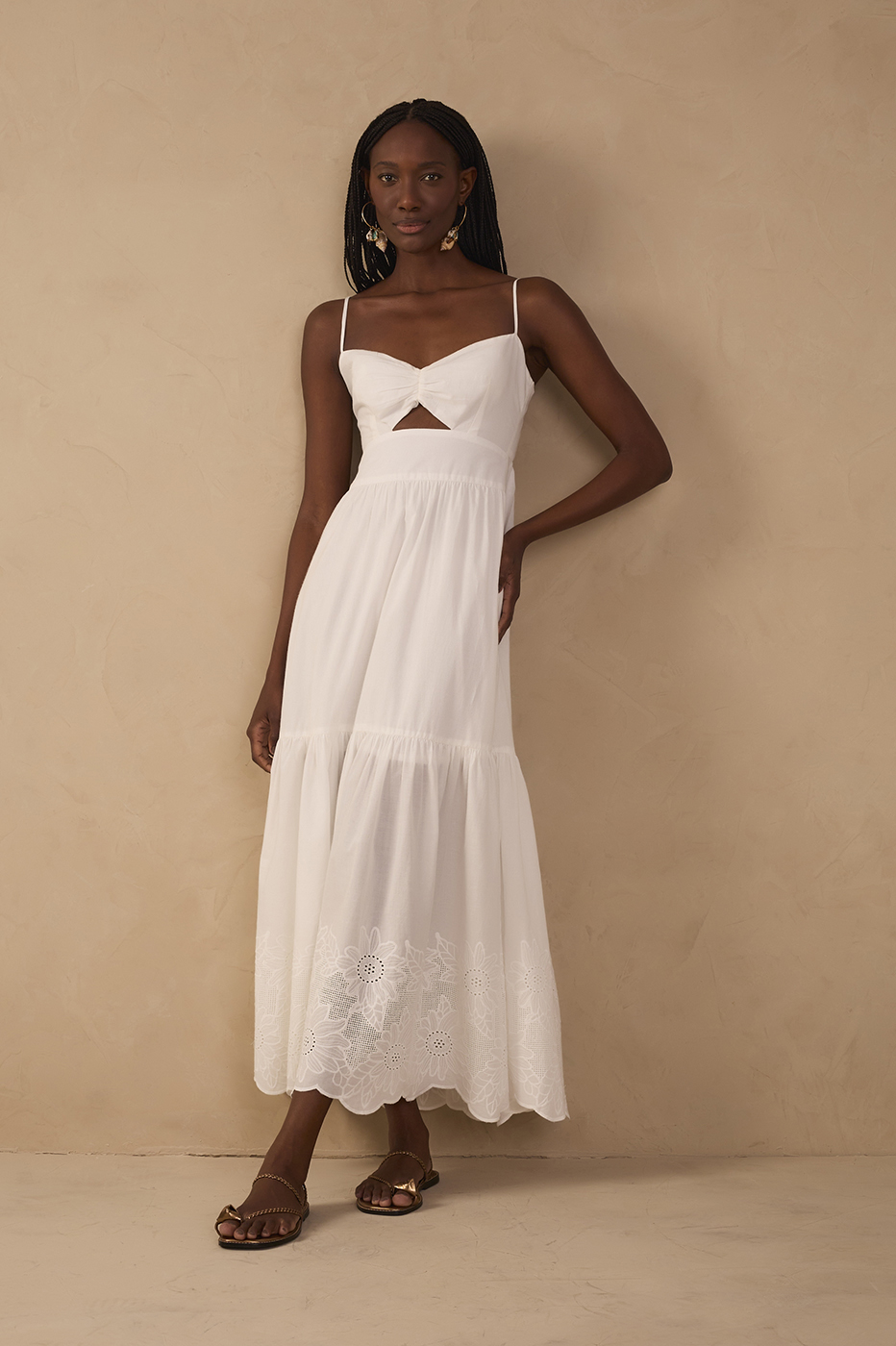 Off-White Ruffled Embroidered Midi Dress