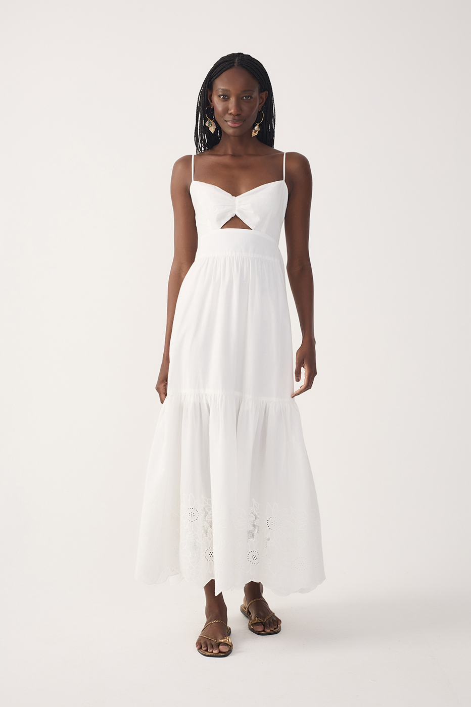 Off-White Ruffled Embroidered Midi Dress