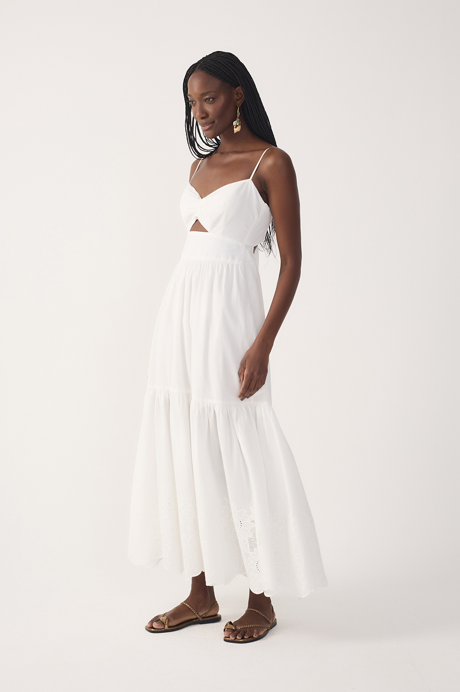 Off-White Ruffled Embroidered Midi Dress