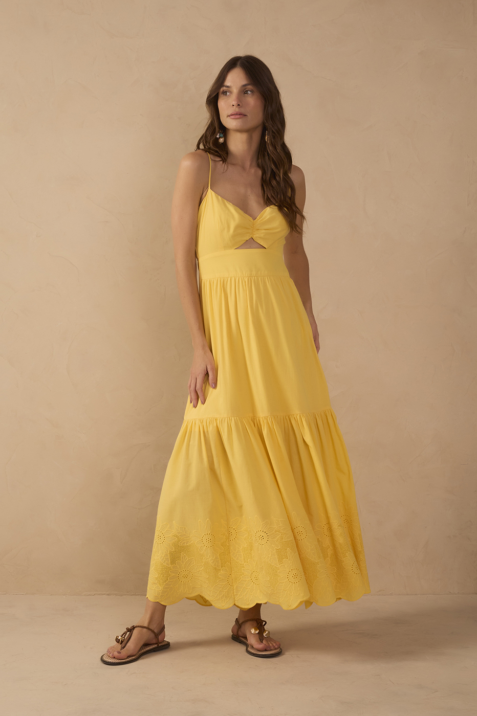 Yellow Ruffled Embroidered Midi Dress