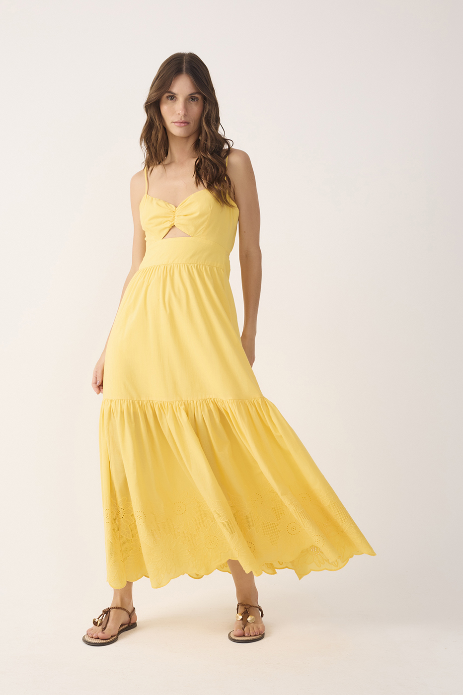 Yellow Ruffled Embroidered Midi Dress