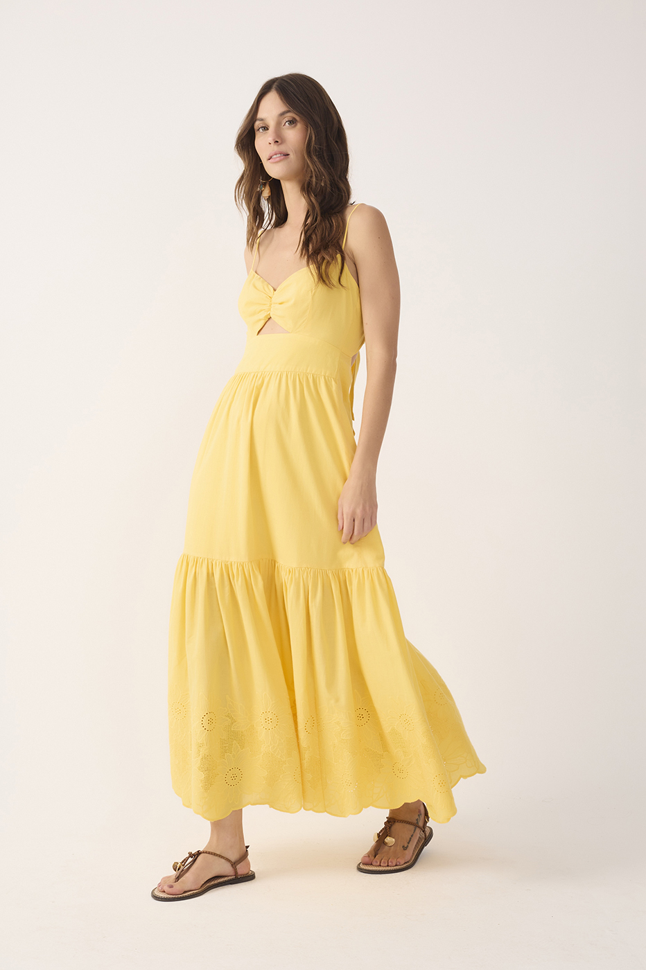 Yellow Ruffled Embroidered Midi Dress