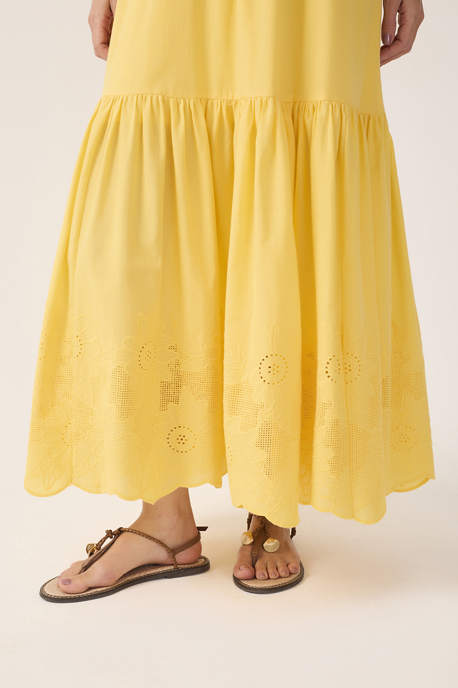 Yellow Ruffled Embroidered Midi Dress