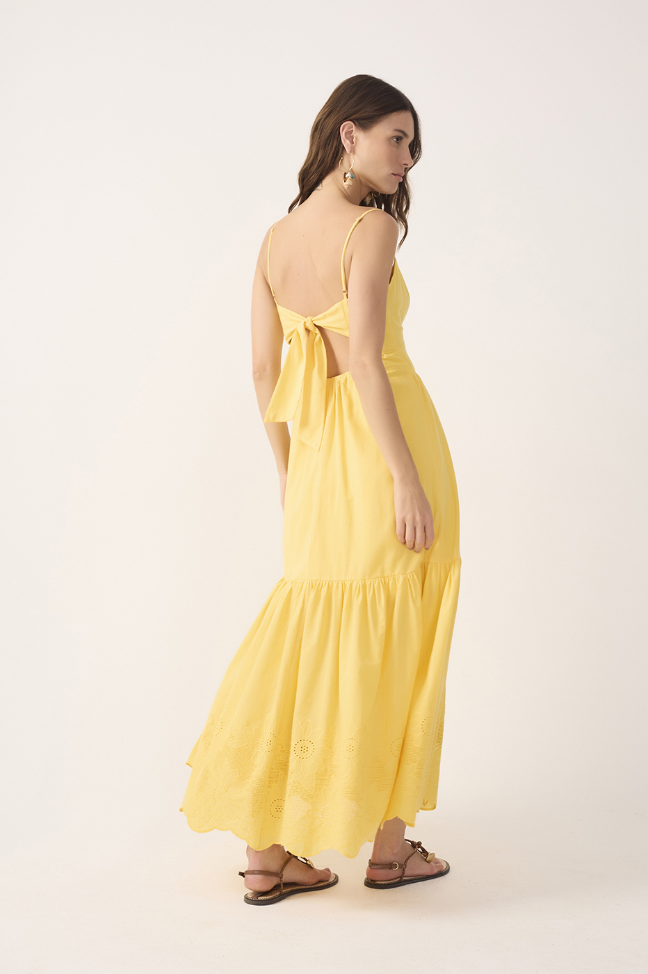 Yellow Ruffled Embroidered Midi Dress