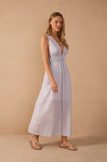Blue Stripes Lurex V Neck Cotton Midi Dress