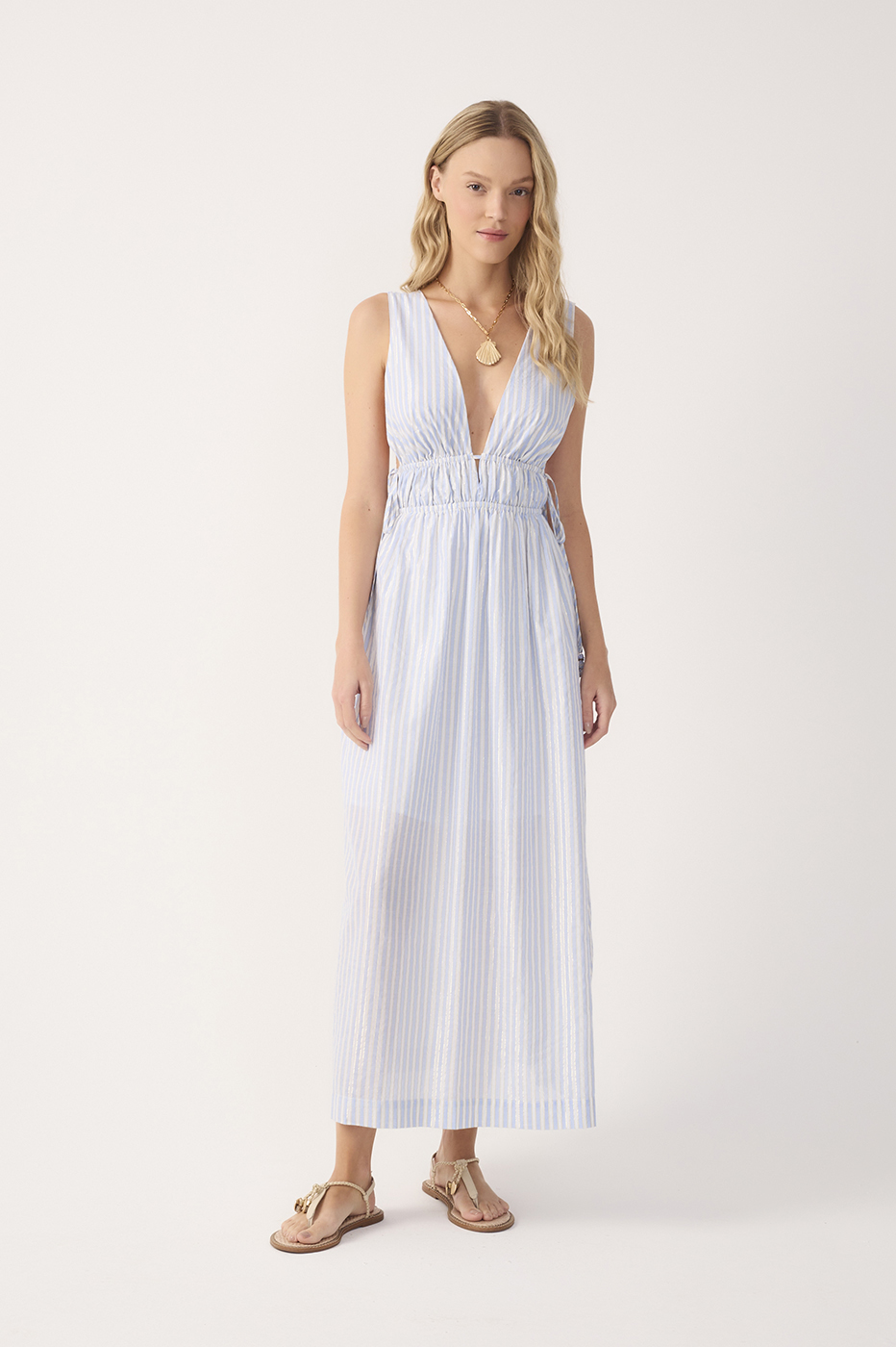 Blue Stripes Lurex V Neck Cotton Midi Dress
