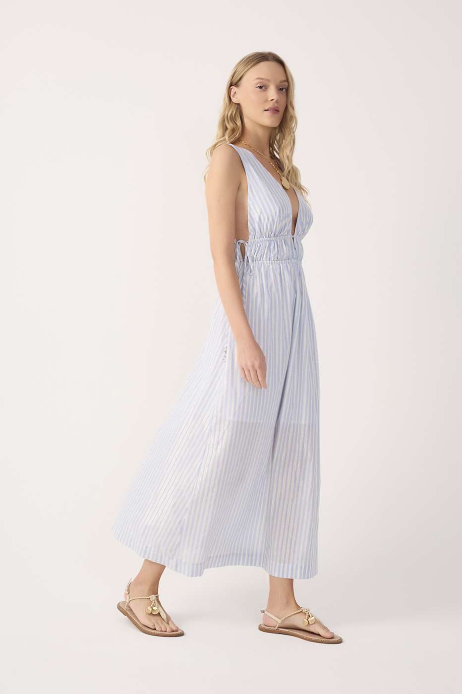 Blue Stripes Lurex V Neck Cotton Midi Dress