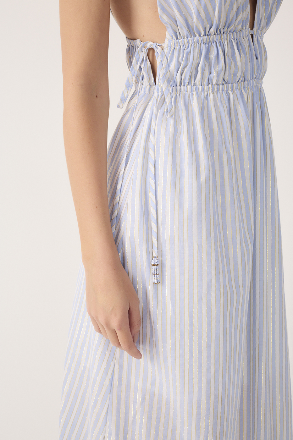 Blue Stripes Lurex V Neck Cotton Midi Dress