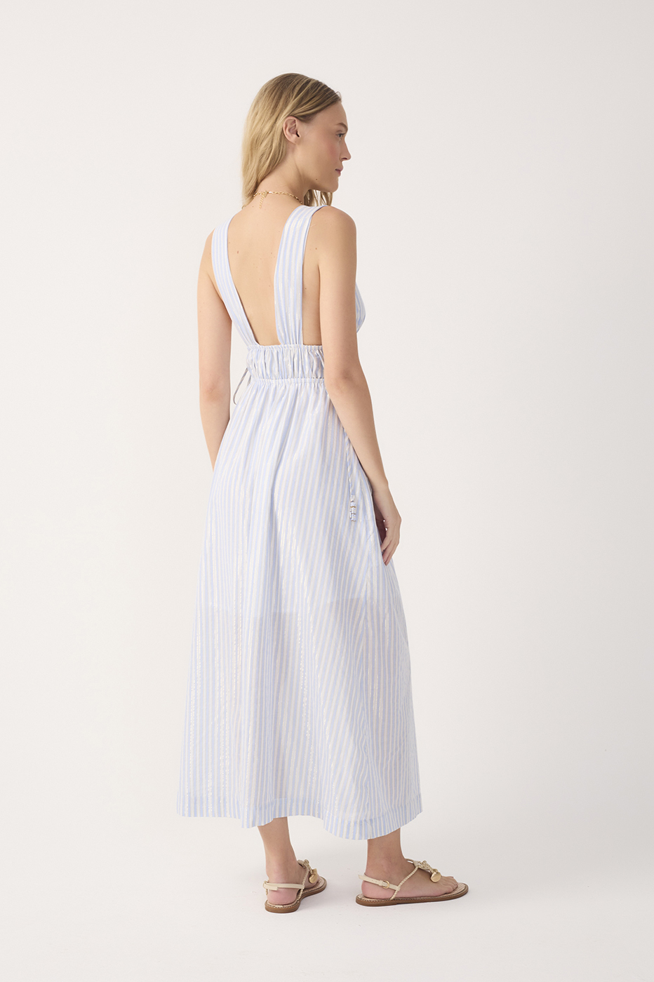 Blue Stripes Lurex V Neck Cotton Midi Dress