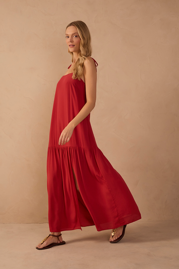 Red Crepe Shoulder Tie Slit Maxi Dress