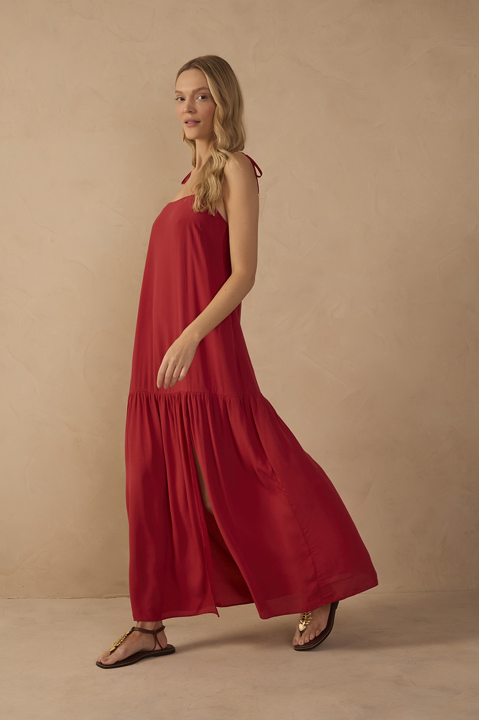Red Crepe Shoulder Tie Slit Maxi Dress