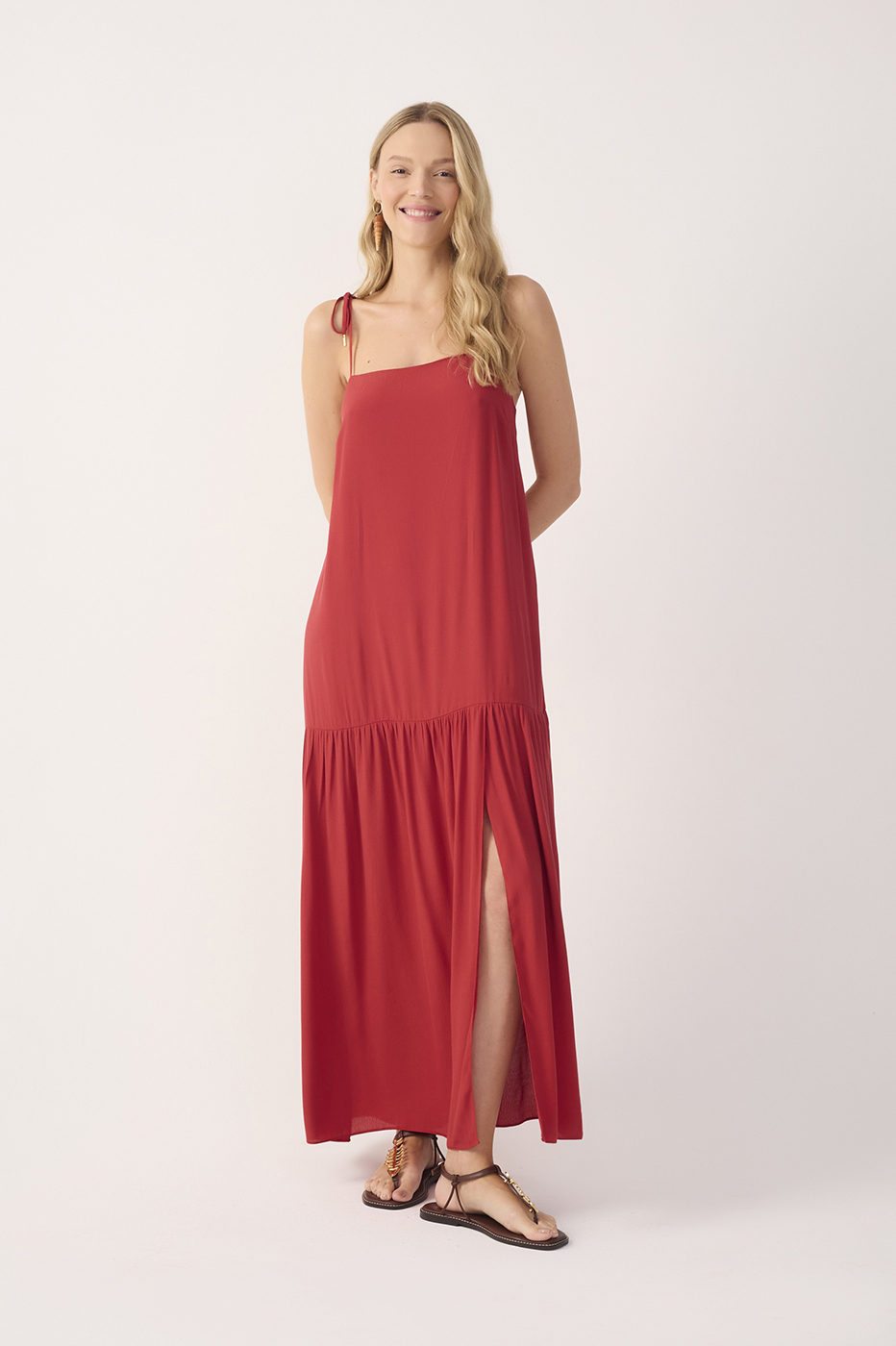 Red Crepe Shoulder Tie Slit Maxi Dress