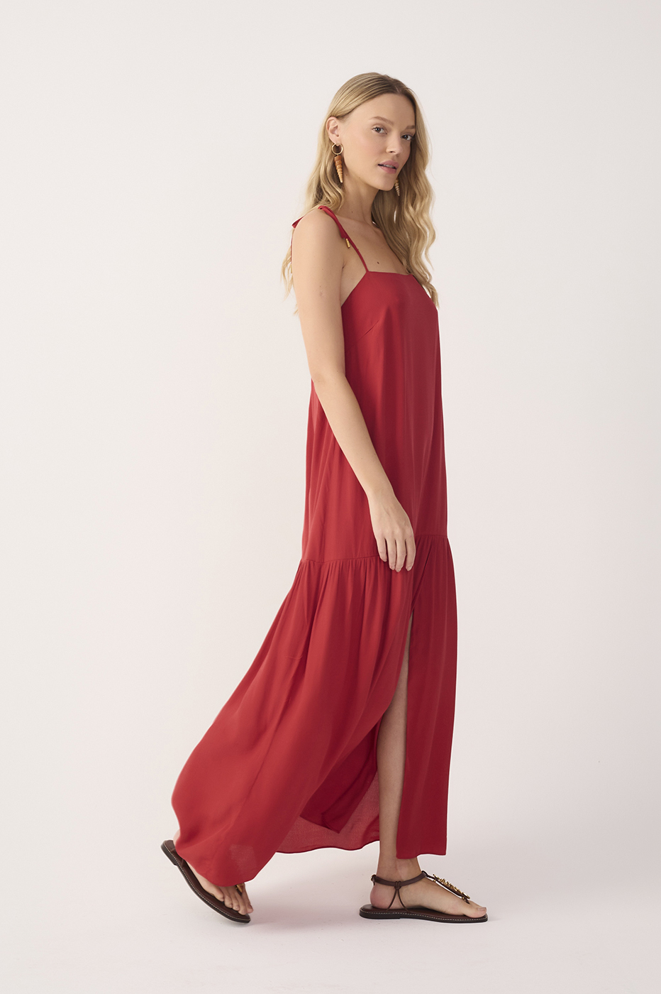 Red Crepe Shoulder Tie Slit Maxi Dress