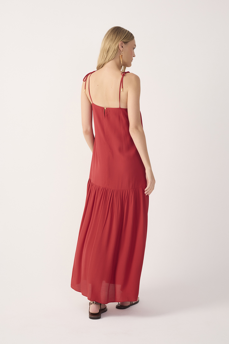 Red Crepe Shoulder Tie Slit Maxi Dress