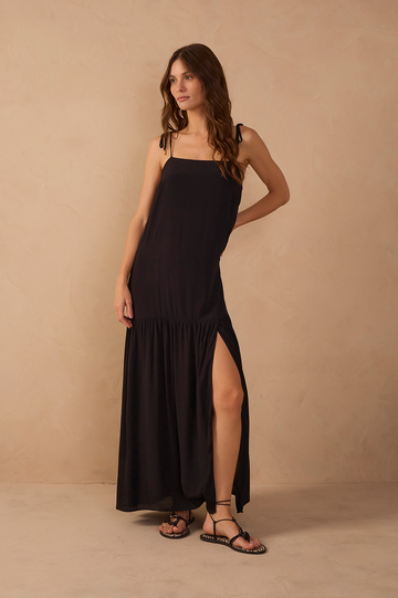 Black Crepe Shoulder Tie Slit Maxi Dress