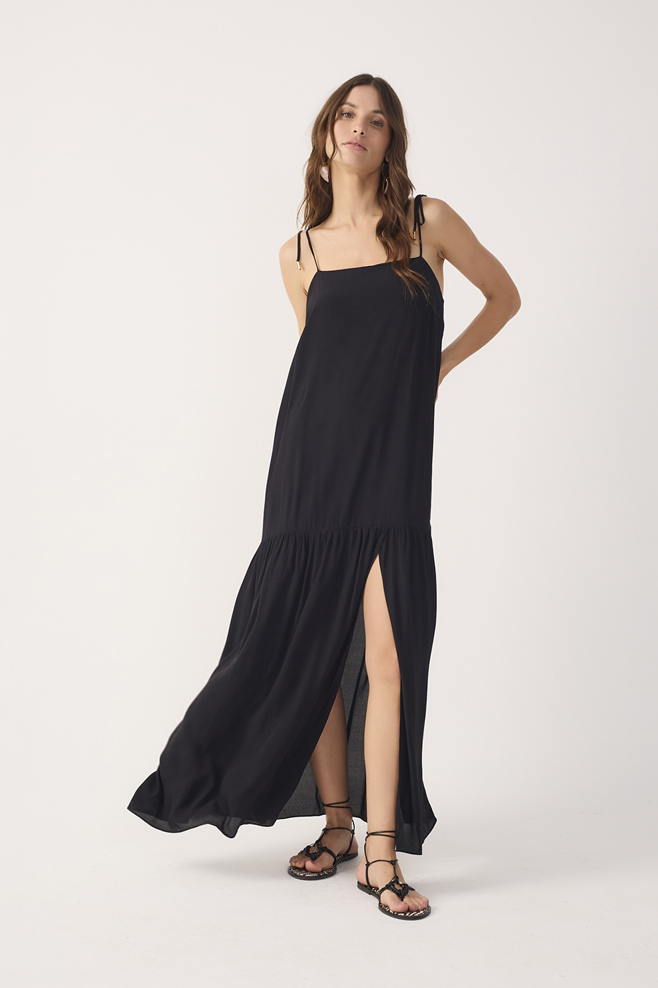 Black Crepe Shoulder Tie Slit Maxi Dress