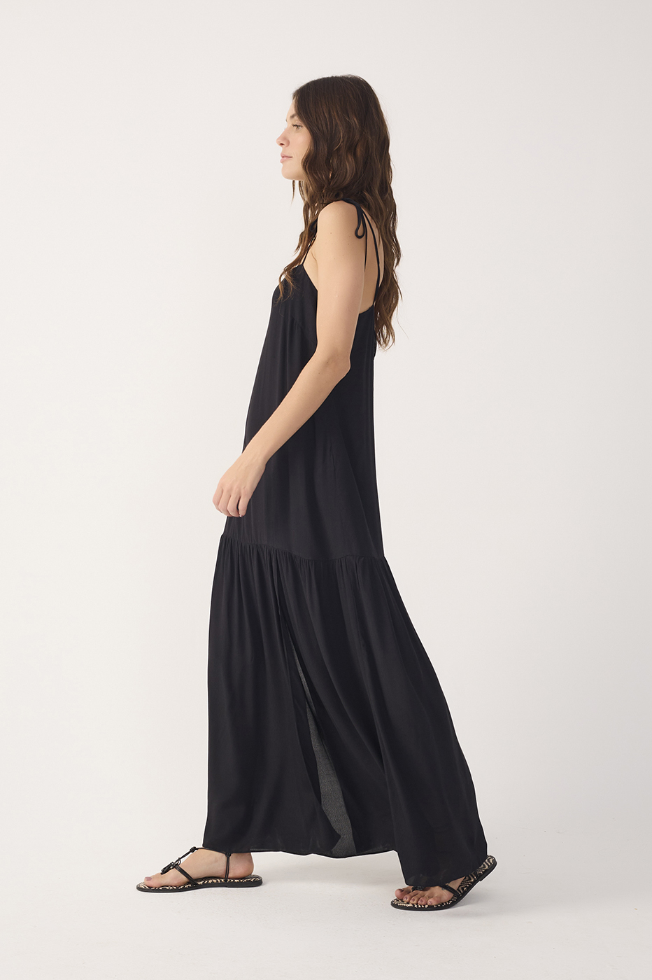 Black Crepe Shoulder Tie Slit Maxi Dress