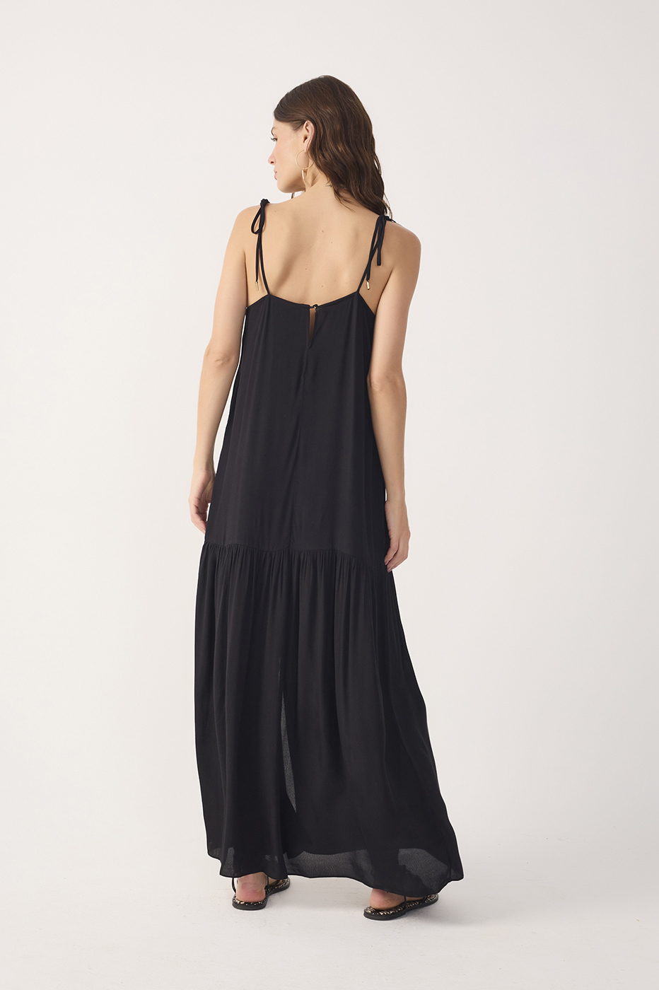 Black Crepe Shoulder Tie Slit Maxi Dress