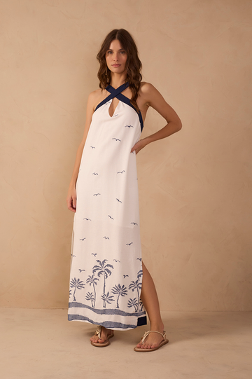 Off-White Embroidered Linen Maxi Dress