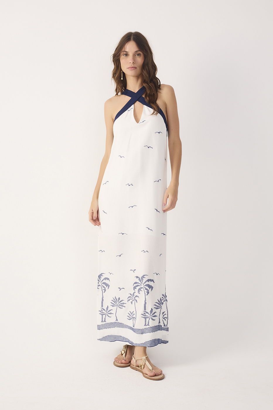 Off-White Embroidered Linen Maxi Dress
