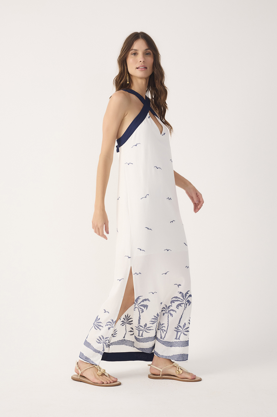 Off-White Embroidered Linen Maxi Dress