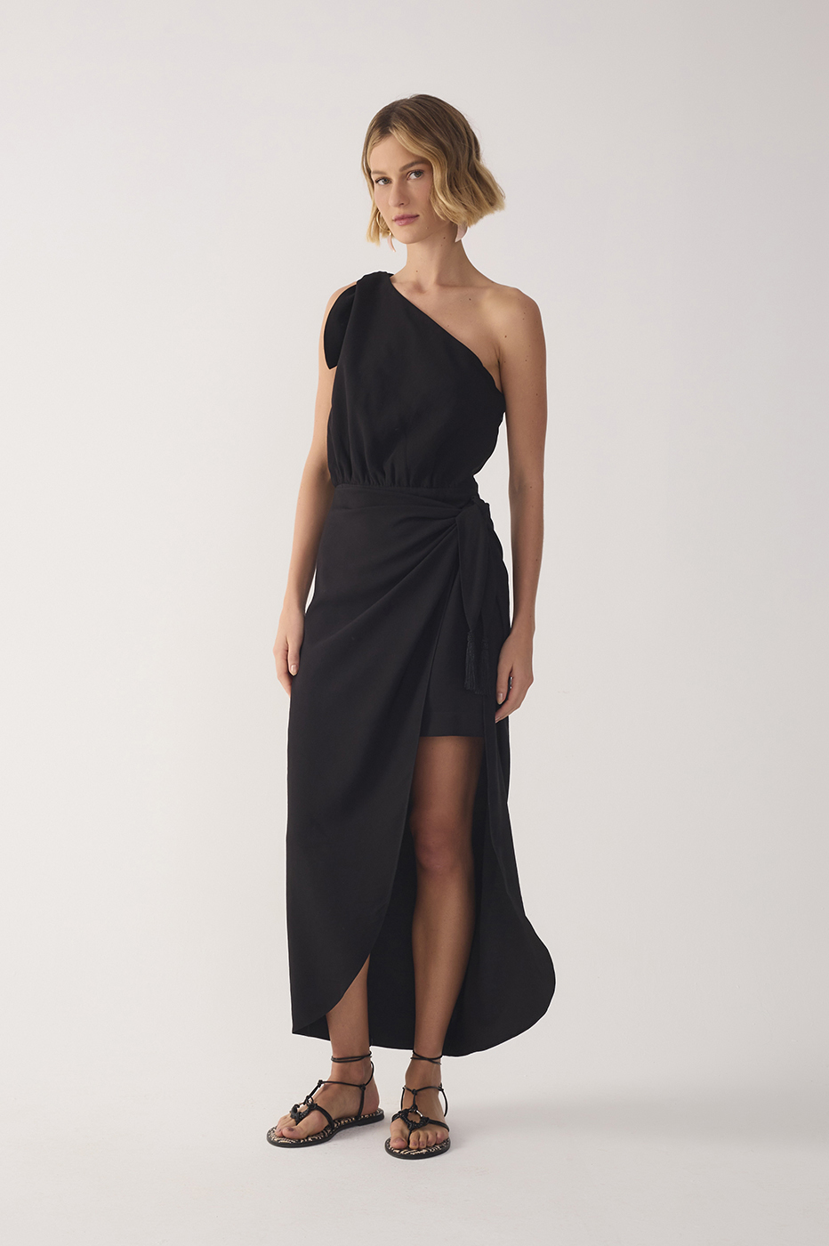 Black Wrap One-Shoulder Midi Dress