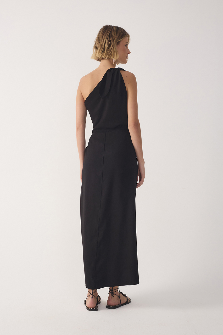Black Wrap One-Shoulder Midi Dress