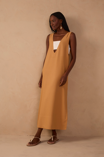 Beige Cut-Out Side Slit Linen Midi Dress