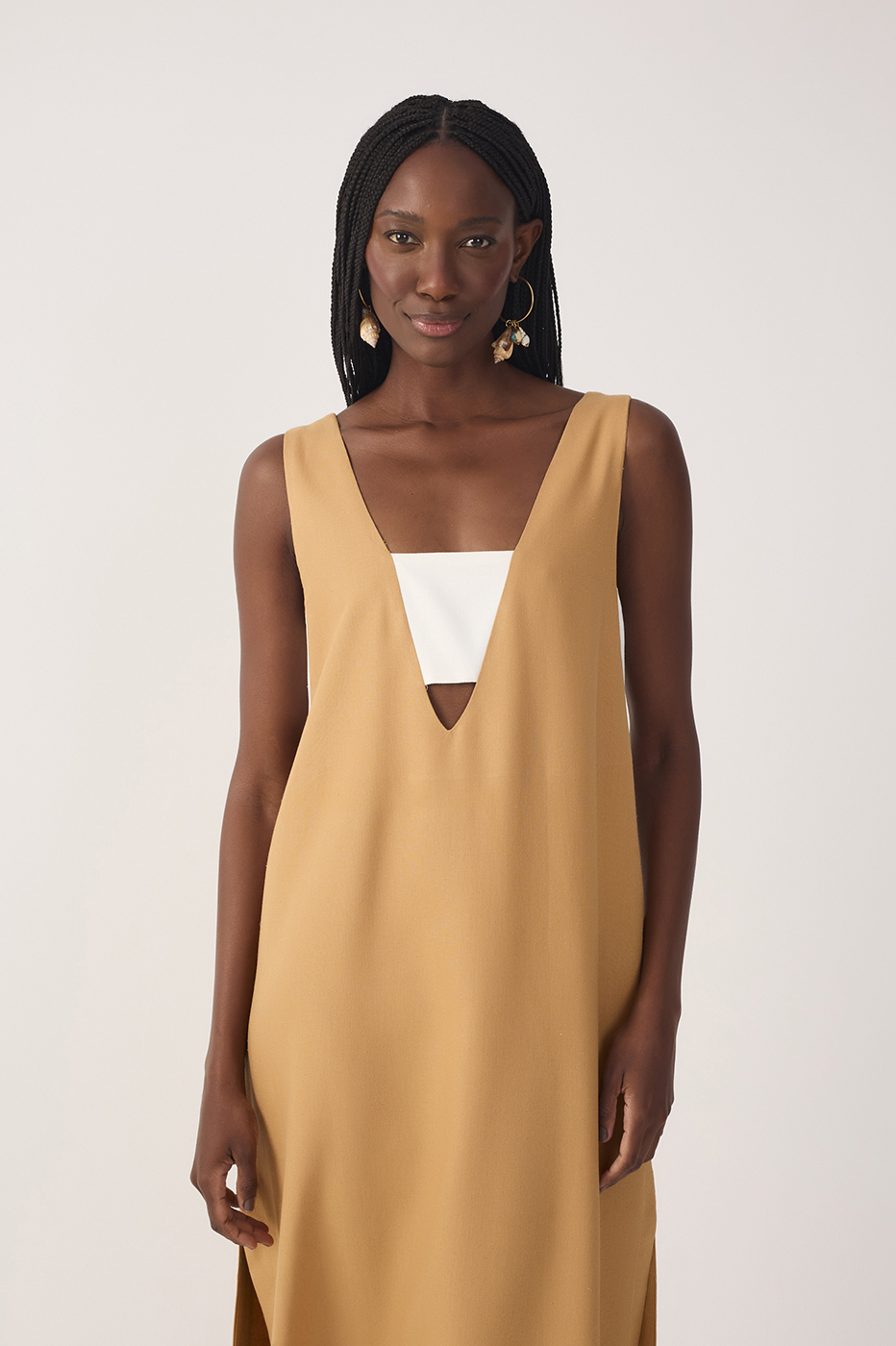 Beige Cut-Out Side Slit Linen Midi Dress