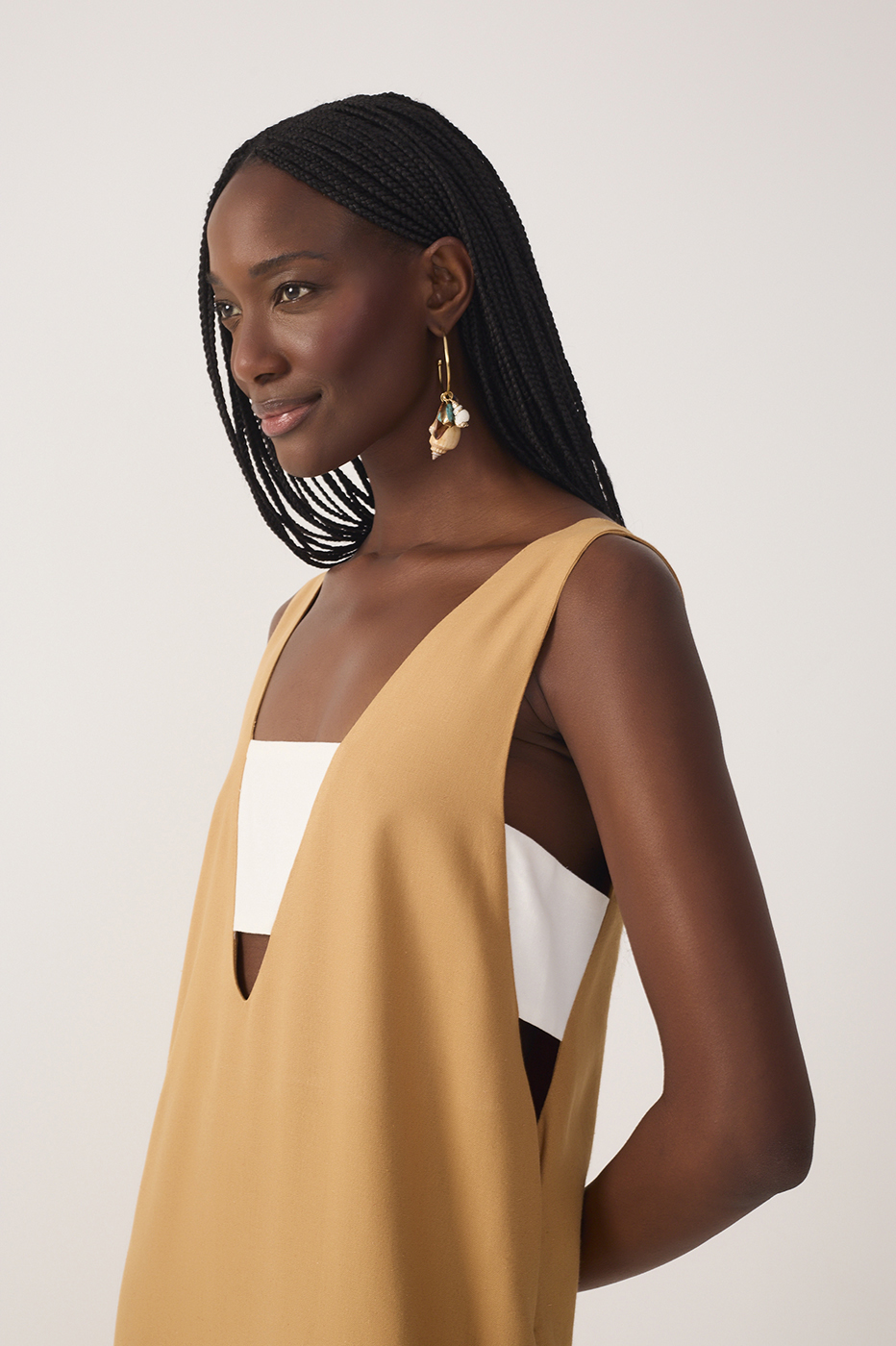Beige Cut-Out Side Slit Linen Midi Dress