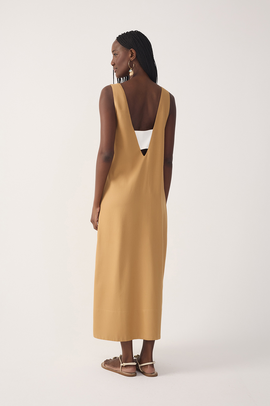 Beige Cut-Out Side Slit Linen Midi Dress