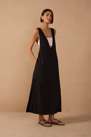 Black Cut-Out Side Slit Linen Midi Dress