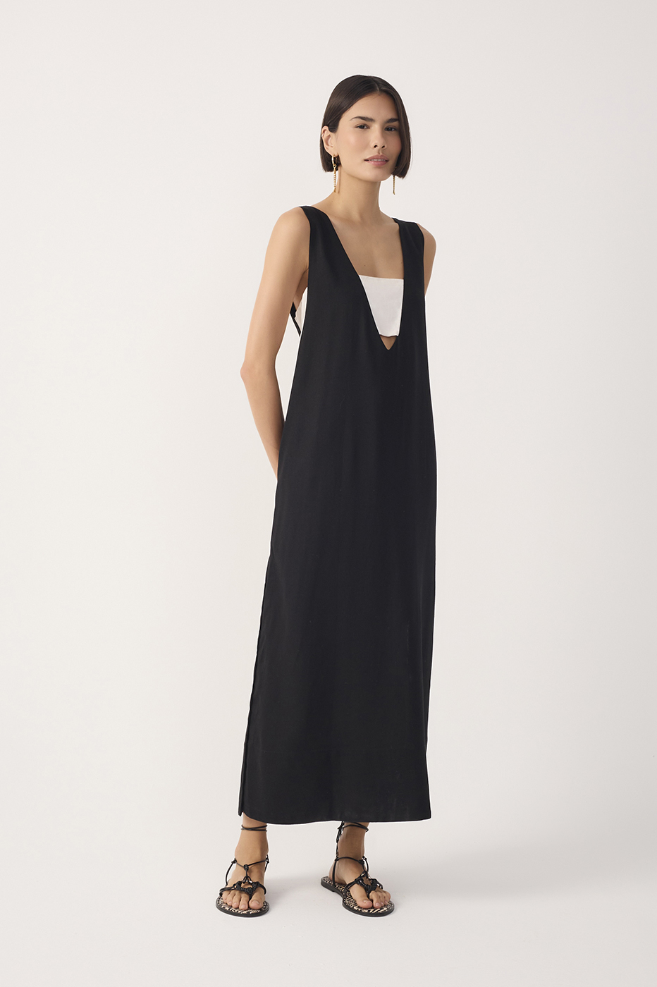 Black Cut-Out Side Slit Linen Midi Dress