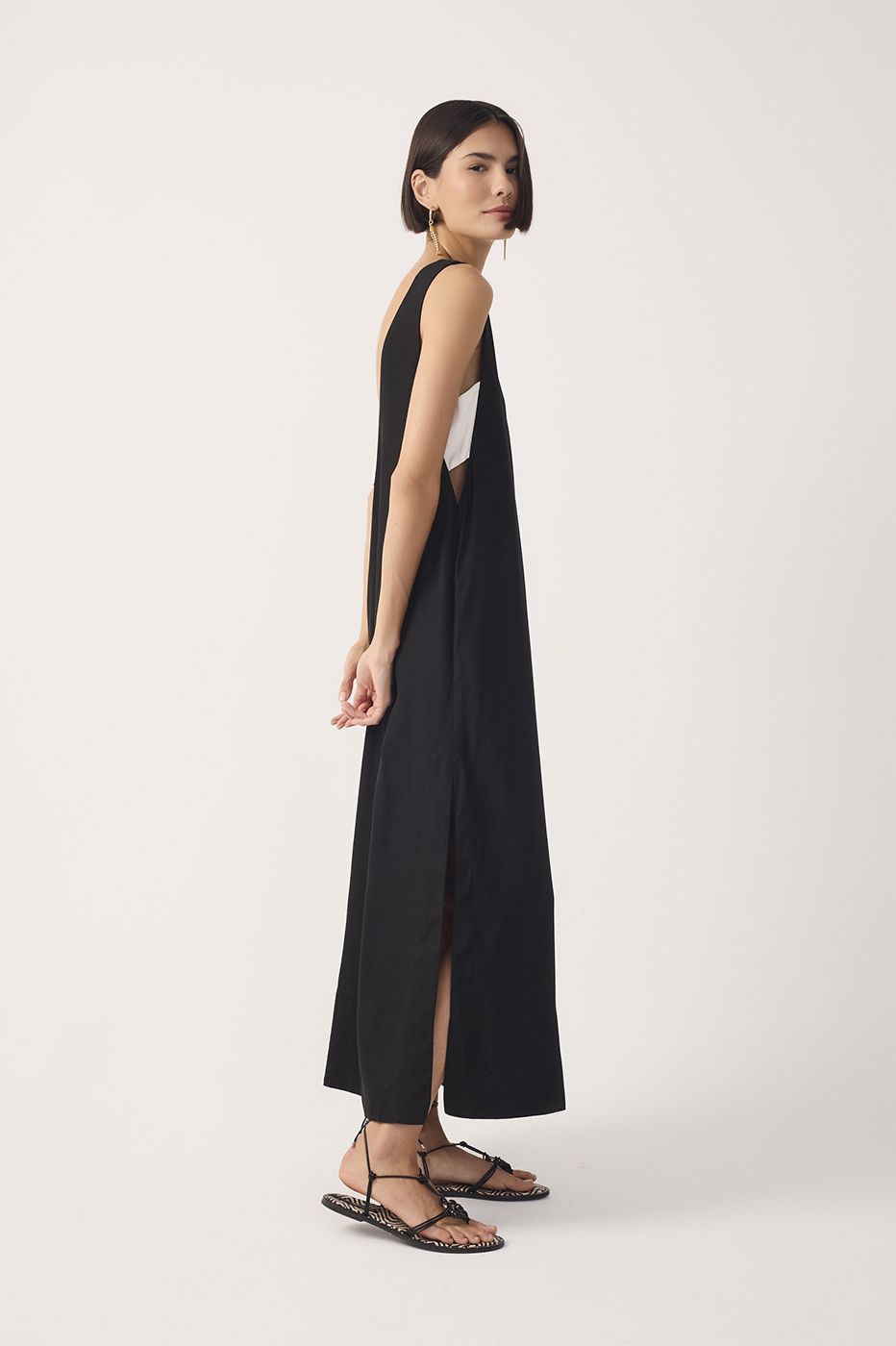 Black Cut-Out Side Slit Linen Midi Dress