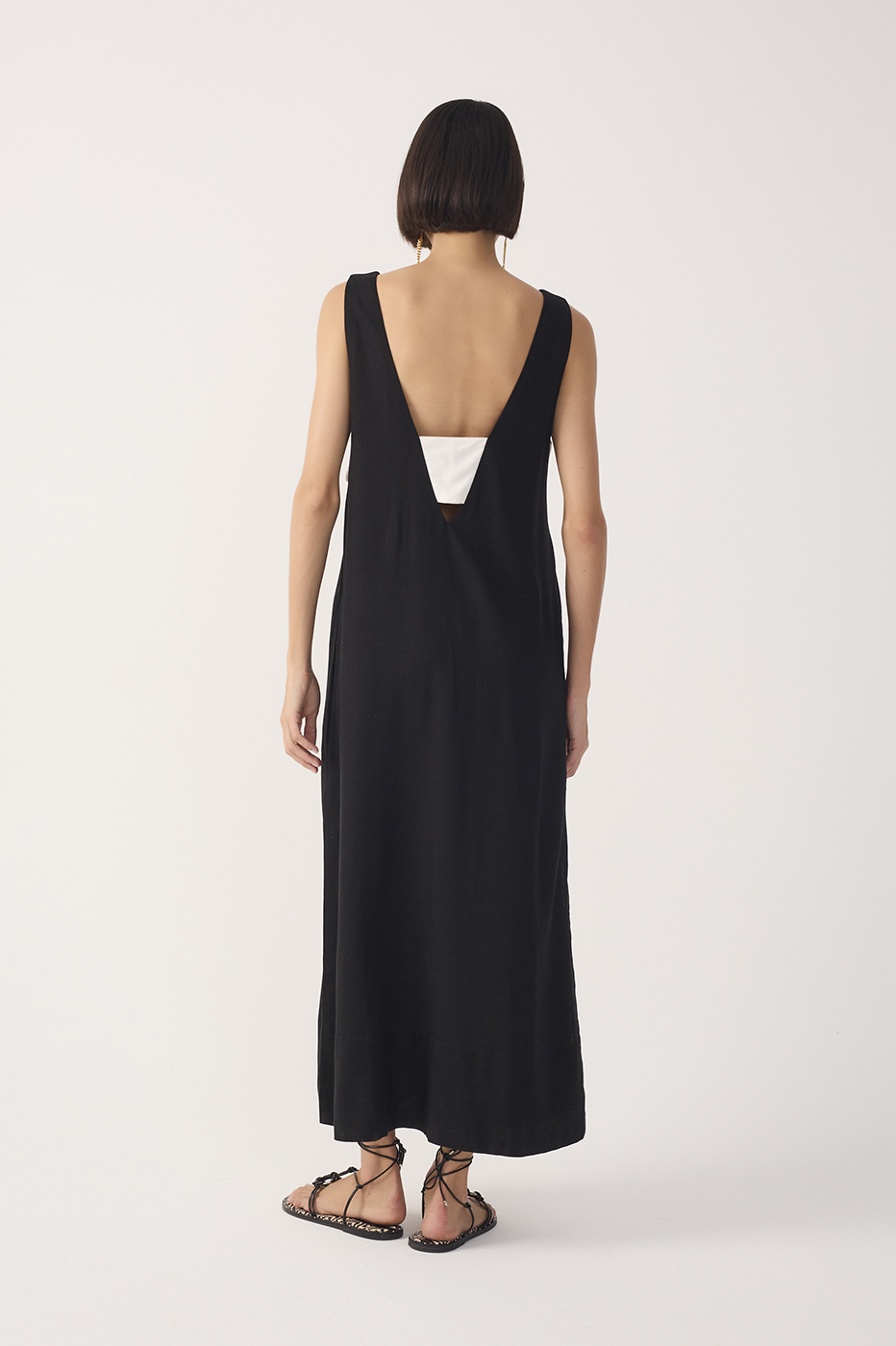Black Cut-Out Side Slit Linen Midi Dress