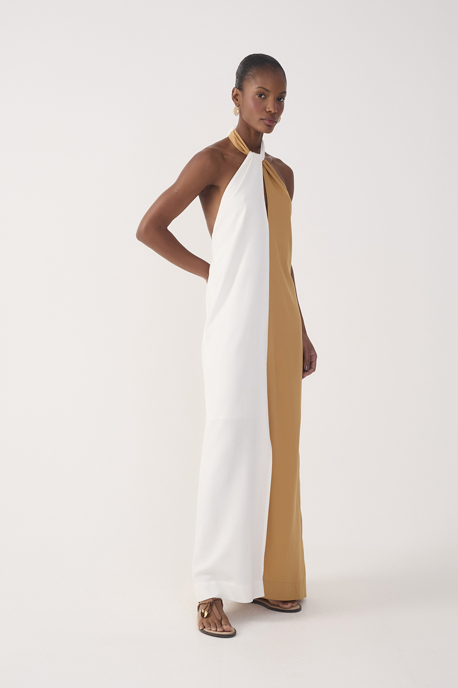 Multicolor Halter Neck Linen Maxi Dress