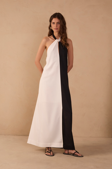 Bicolor Halter Neck Linen Maxi Dress