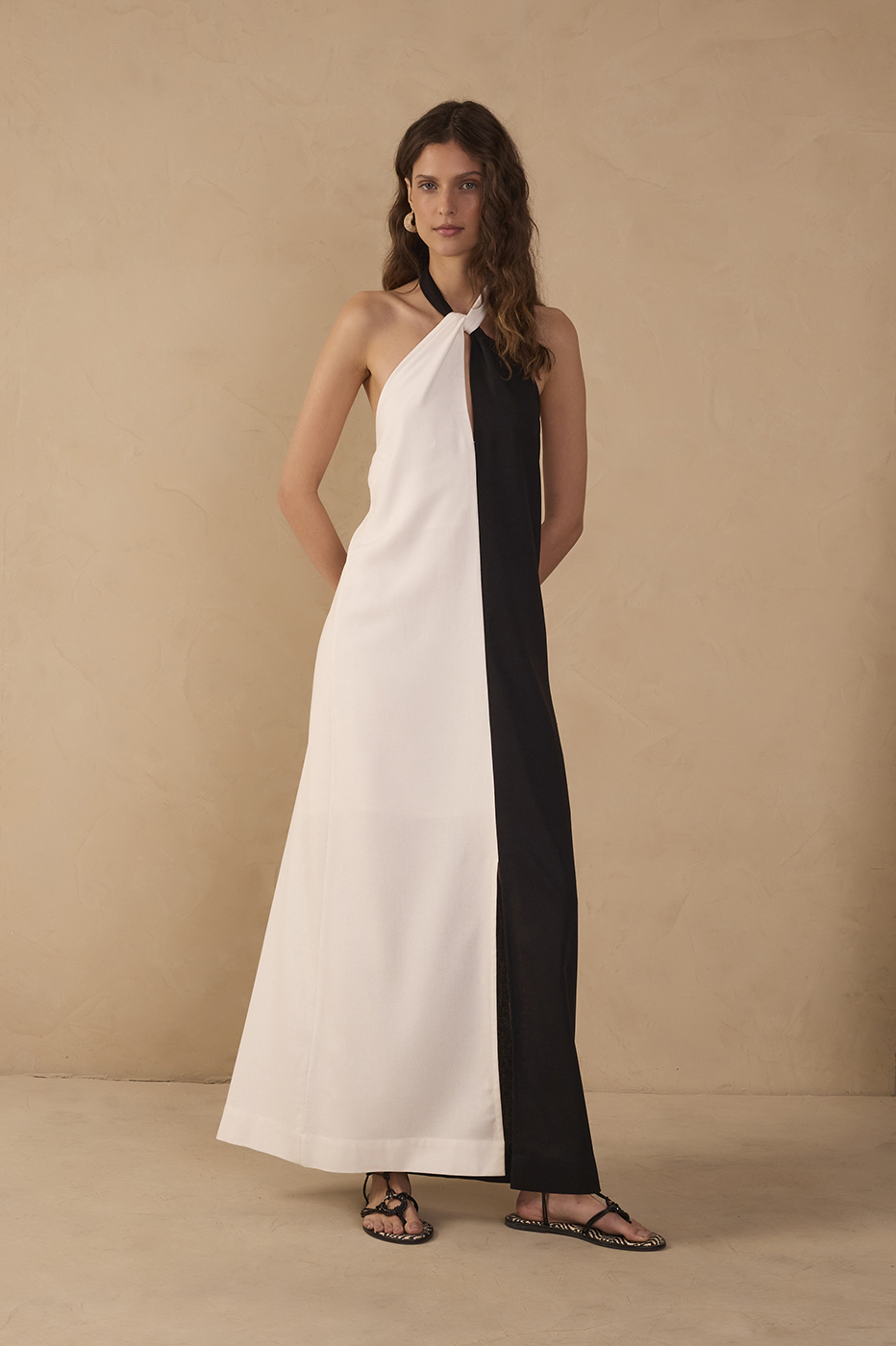 Bicolor Halter Neck Linen Maxi Dress