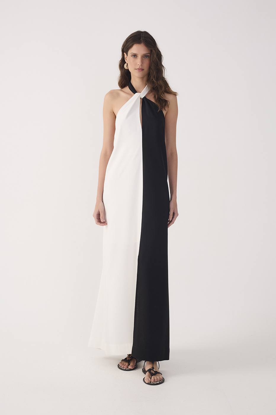Bicolor Halter Neck Linen Maxi Dress