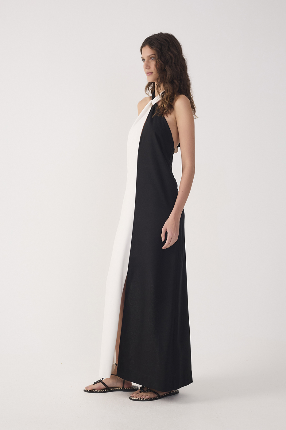 Bicolor Halter Neck Linen Maxi Dress