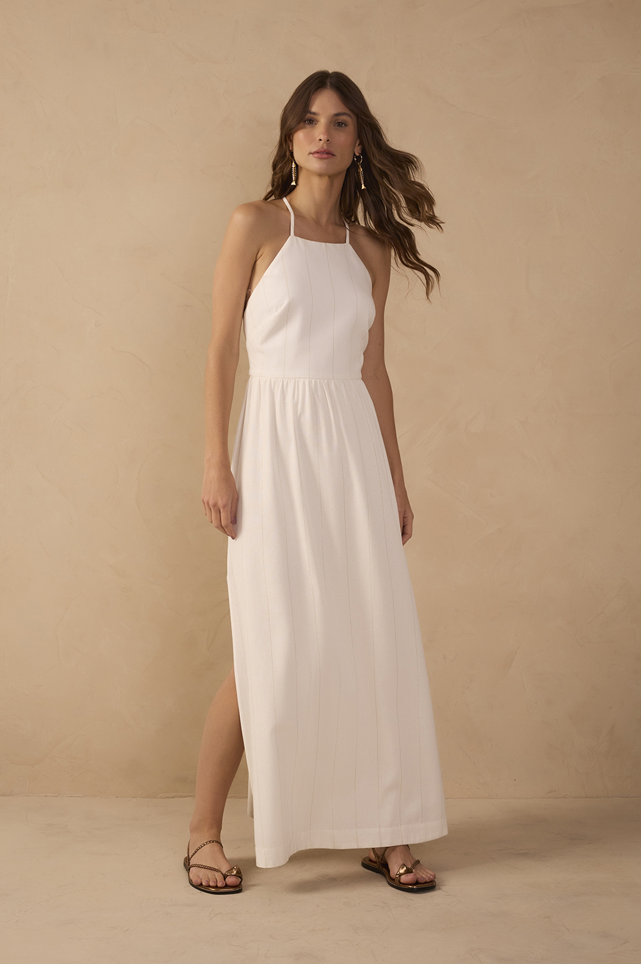 Off-White Side Slit Pinstripe Maxi Dress