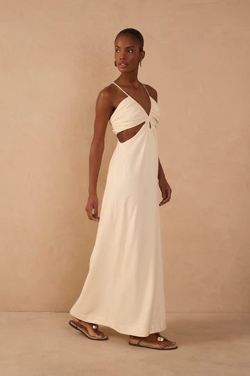 Beige Frayed Bust V Neck Maxi Dress