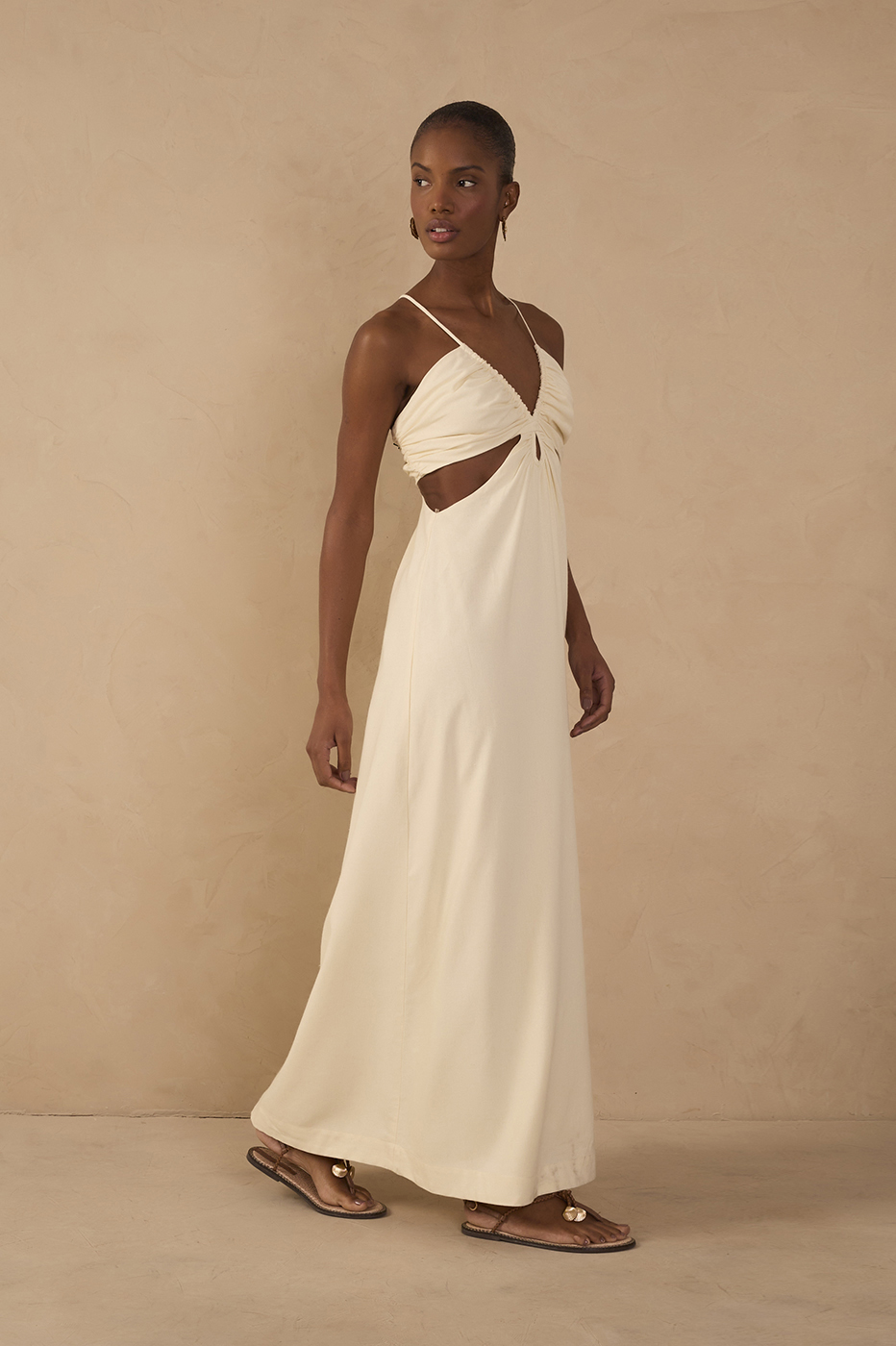 Beige Frayed Bust V Neck Maxi Dress