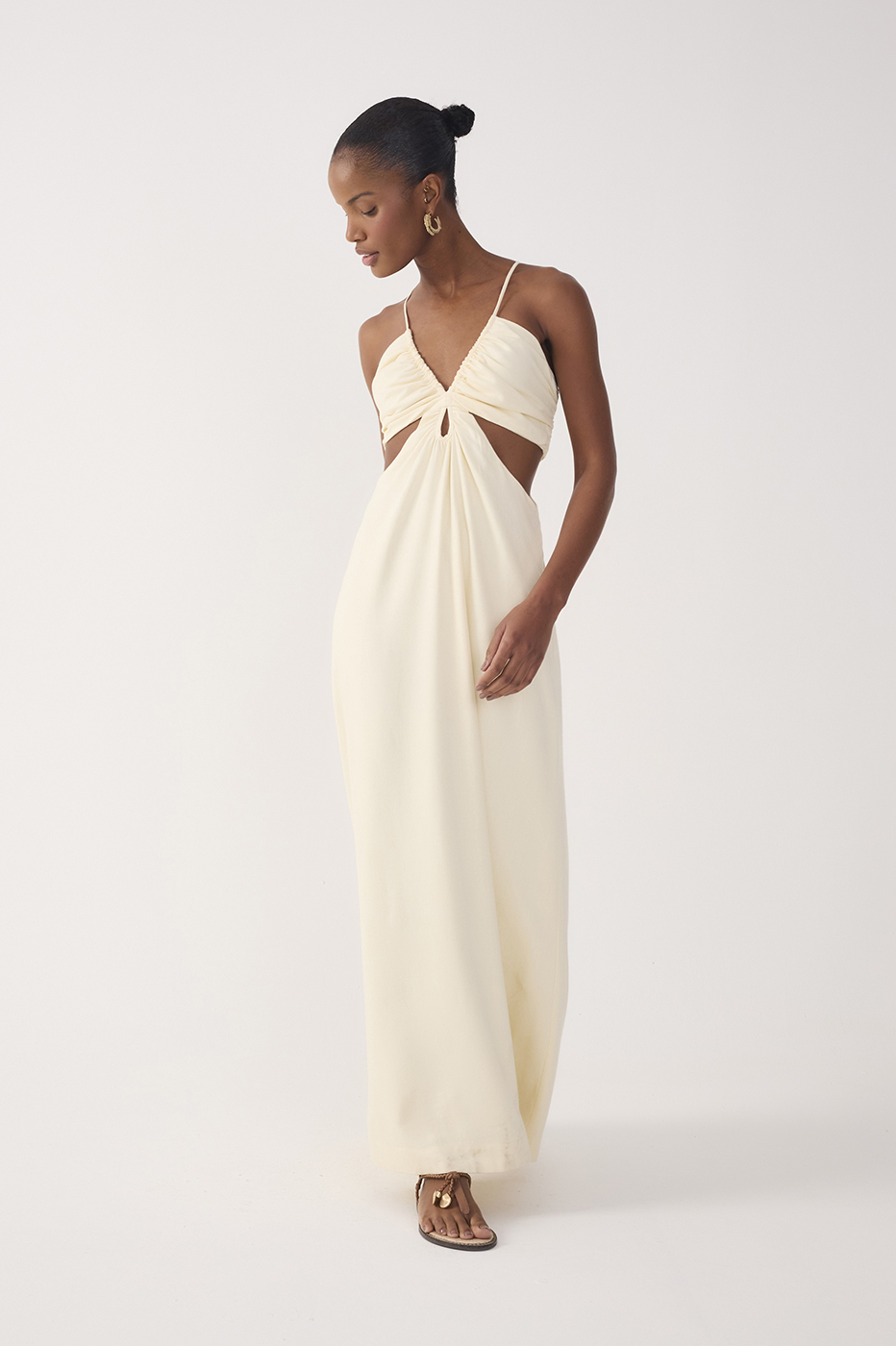 Beige Frayed Bust V Neck Maxi Dress