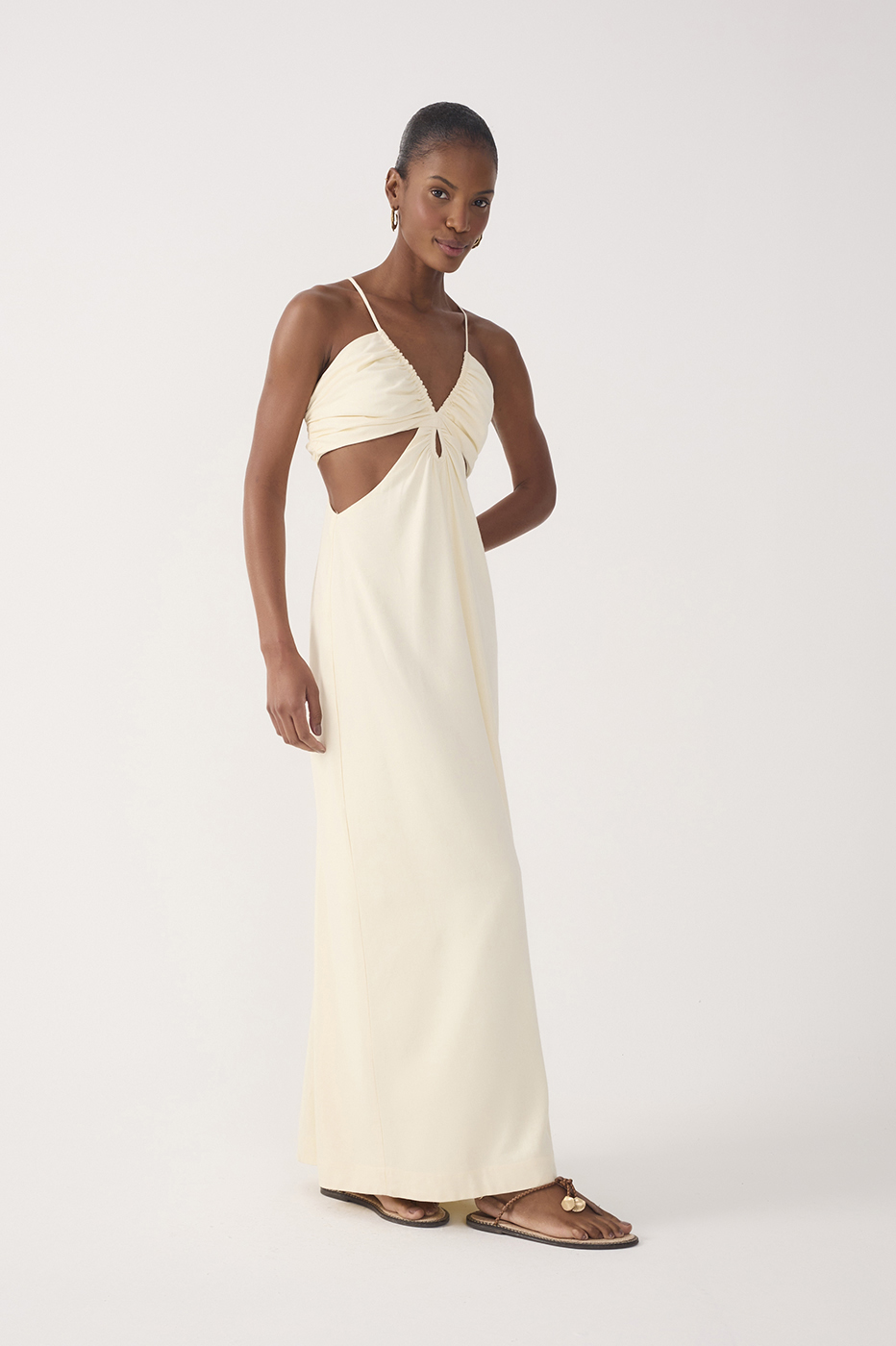 Beige Frayed Bust V Neck Maxi Dress