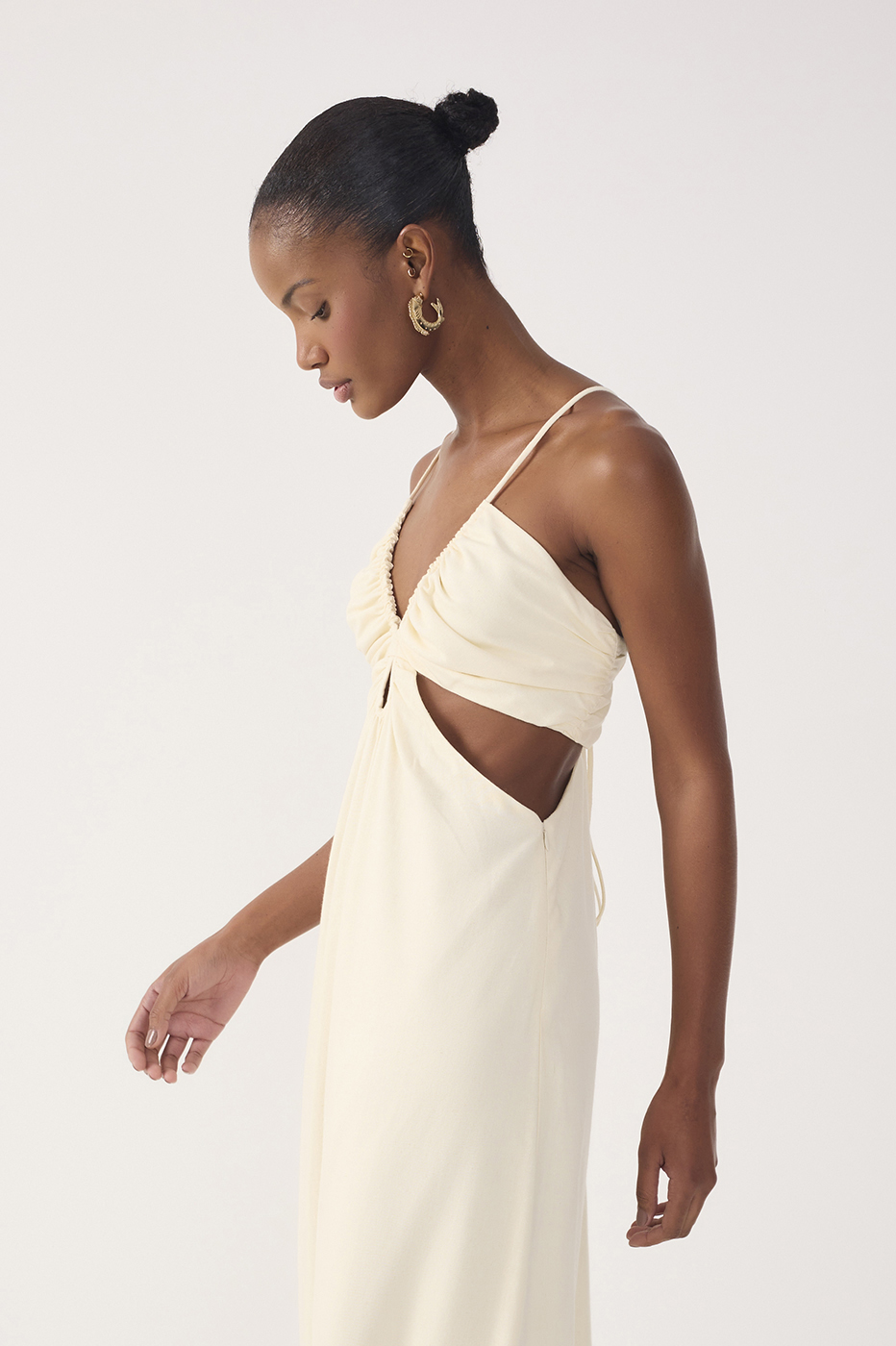 Beige Frayed Bust V Neck Maxi Dress