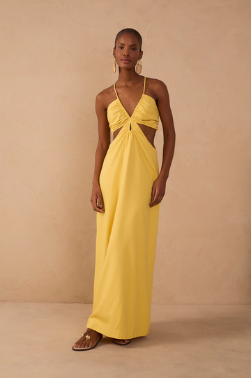 Yellow Frayed Bust V Neck Maxi Dress