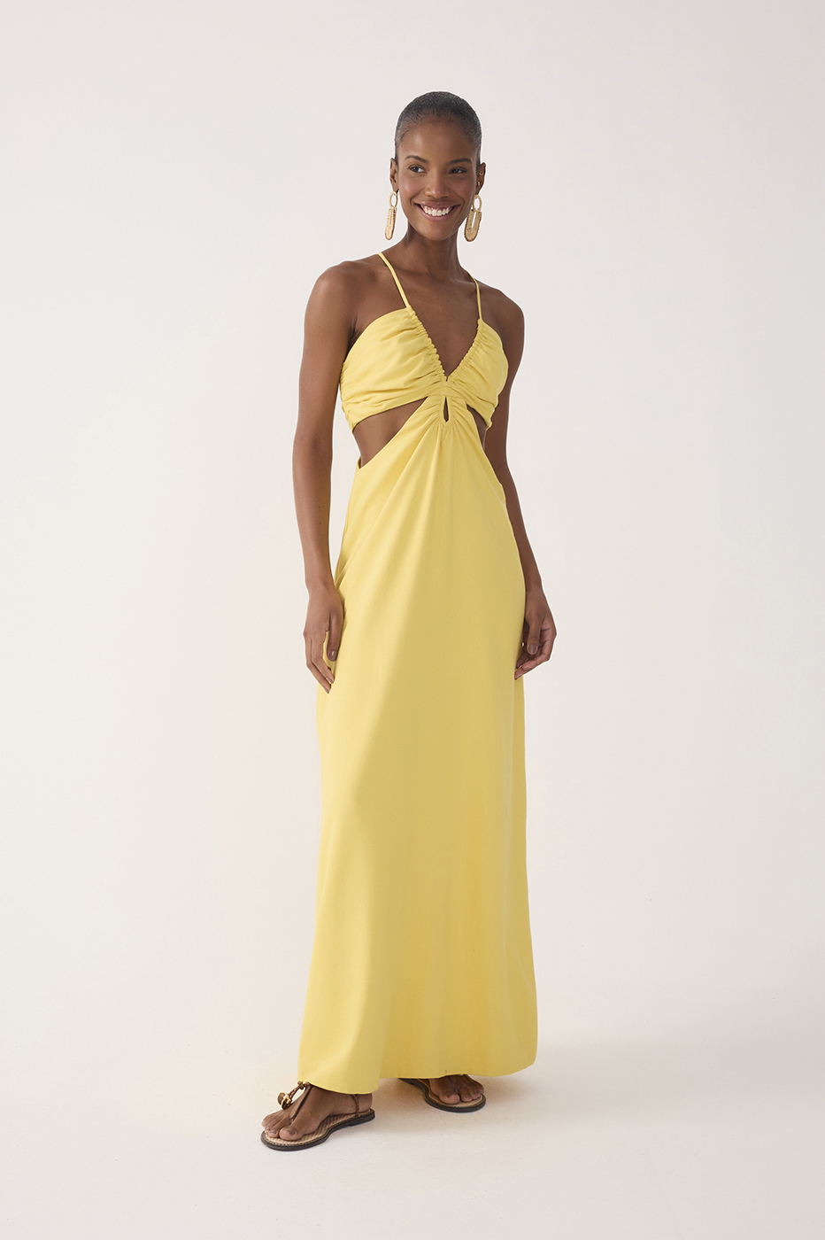 Yellow Frayed Bust V Neck Maxi Dress