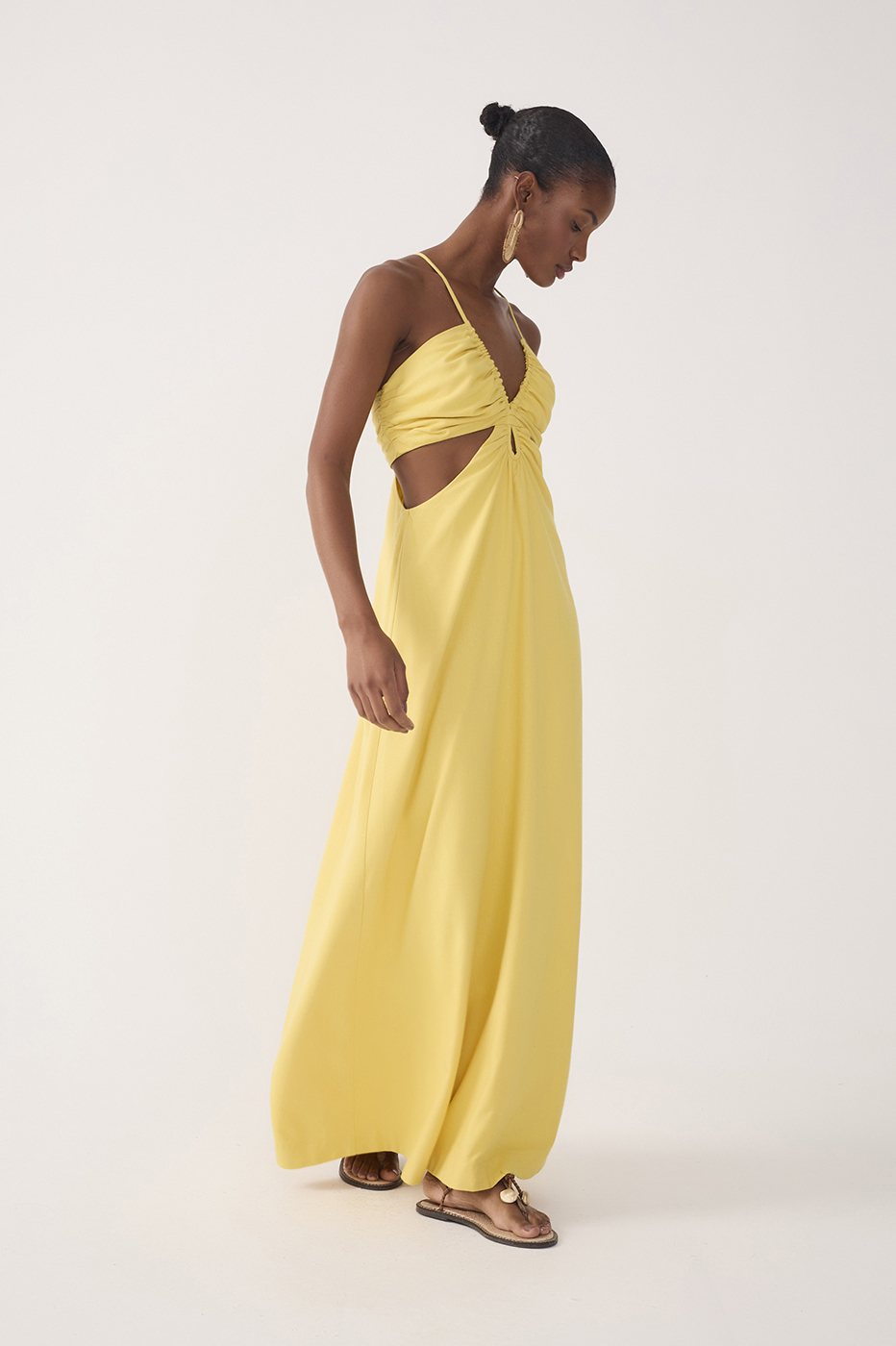 Yellow Frayed Bust V Neck Maxi Dress