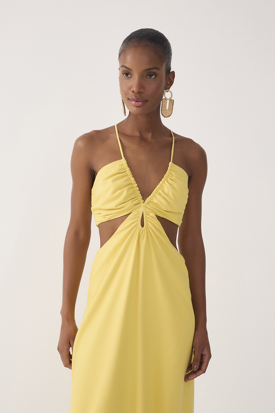 Yellow Frayed Bust V Neck Maxi Dress